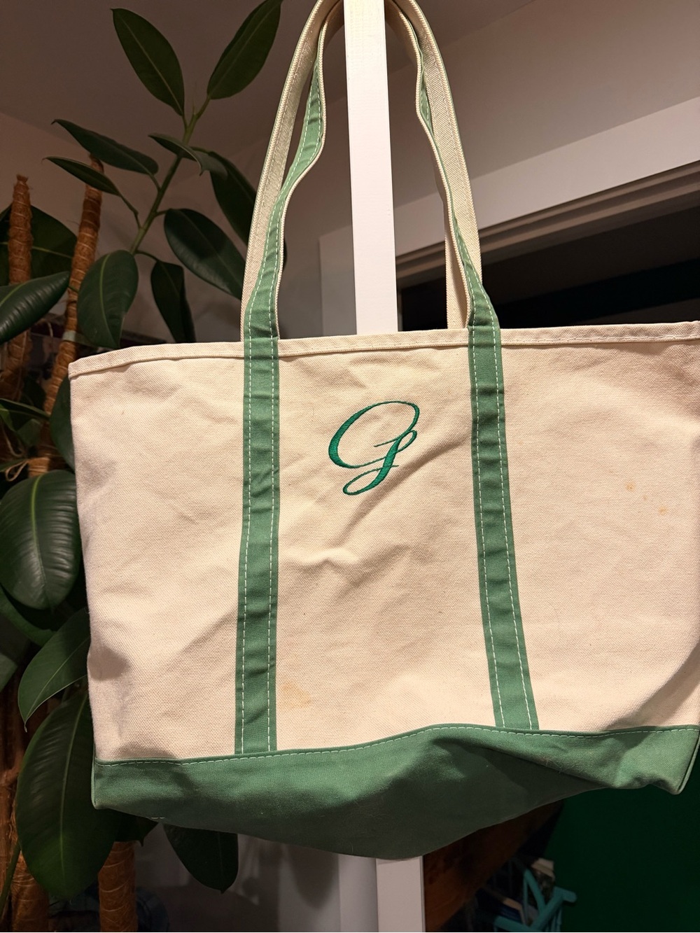 L.L. Bean Vintage Tote Bag with Green Trim and Monogram